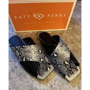 Checked In Slide Sandal Black White Soft Faux Snake Embossed NEW Sz 7 Womens